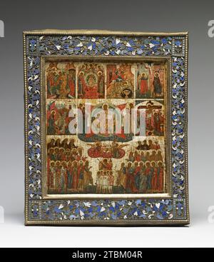 Seven Days of the Week, 16th century. This icon represents the seven sacred events associated with the days of the week: the Resurrection (Sunday); the assembly of the archangels (Monday); the beheading of John the Baptist (Tuesday); the Annunciation (Wednesday); Christ Washing the Disciples' Feet (Thursday); the Crucifixion (Friday); and the Second Coming (Saturday). The saints, including kings, bishops, apostles, martyrs, monks, and nuns, are gathered below Christ to praise him and await his judgement. The Savior holds an open book with the words &quot;Come, O blessed of [my father]&quot; (M Stock Photo