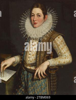 Portrait of an Architect, 1582-1585. This richly dressed young nobleman holding a compass over a plan of a fortification remains unidentified. Pulzone's portraits are characterized by careful attention to the ornaments and fabrics of aristocratic attire, making him very popular as a portraitist of the nobility intent on appropriate self-representation as a signal of status. Stock Photo