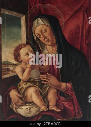 Madonna and Child, c1485. In this depiction of a tender moment between Mary and the infant Christ, the figures' human qualities are emphasized, with particular attention paid to rendering their supple flesh and communicating their intimate relationship by means of exchanged glances. The window at the left, opening onto a distant landscape, is a motif derived from contemporary Flemish painting. The deep red curtain patterned with gold hanging behind the Madonna functions as a cloth of honor denoting her status as Queen of Heaven. Stock Photo