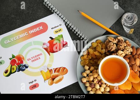 Flat lay composition with glycemic index chart and different products on grey table Stock Photo