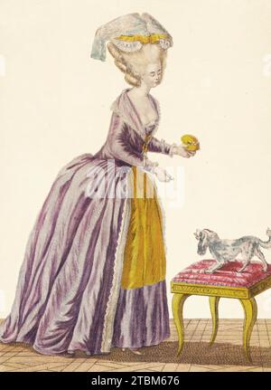Robe &#xe0; la Levit&#xe9;, between 1911 and 1914 after the original of 1778-1787. No. 136 from Galerie des Modes: Facsimile photo-engraved plates after the original of 1778-1787 (in &quot;cahiers&quot; of 6), with hand coloring, published in parts 1911-1914.. Stock Photo