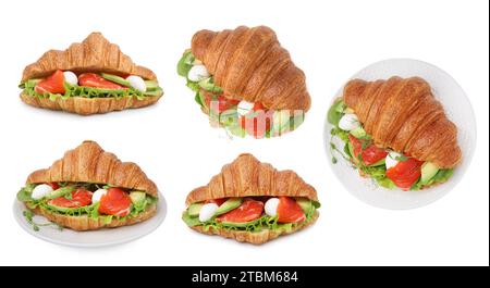 Delicious croissant with salmon, avocado, mozzarella and lettuce isolated on white, set Stock Photo