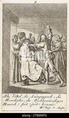 Drie voorstellingen uit William Shakespeares Merry Wives of Windsor, Daniel Nikolaus Chodowiecki, 1786.You scoundrel, you rag pack, you monkey, you unworthy man!.... Stock Photo