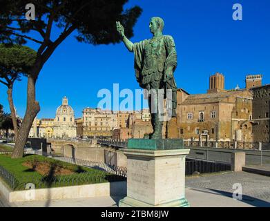 Bronze statue of S.P.Q.R. IMP. CAESARI NERVAE Augustus on Imperial Forums Street (Via dei Fori Imperiali) Rome, Italy, January 2012 Stock Photo