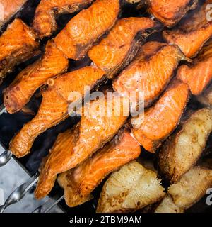 Fish kebab on skewers on the grill in winter. Salmon and halibut Stock Photo