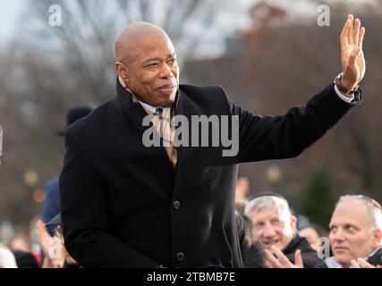 Washington, United States. 07th Dec, 2023. Mayor Eric Adams (Democrat of New York, New York) waves to the crowd as he attends the Grand Lighting ceremony of the National Menorah sponsored by the American Friends of Lubavitch (Chabad) on the Ellipse in Washington, DC on Thursday, December 7, 2023. Photo by Ron Sachs/UPI Credit: UPI/Alamy Live News Stock Photo