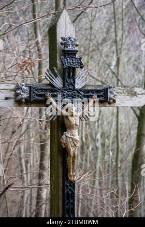 Crucified Jesus Christ on the wooden cross in the forest. Close up. Detail Stock Photo