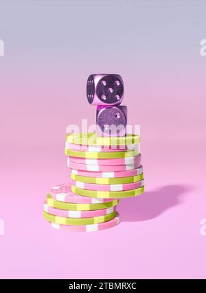 A Stack of Casino Poker Play Chips and Purple Dice, Lucky Number Seven, on a Pastel Pink background Stock Photo