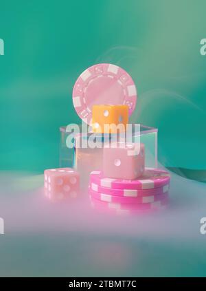 Dramatic Smokey Casino Game Night Scene with Pink Poker chips,and Dice on a Green Dreamy Pastel Background Stock Photo