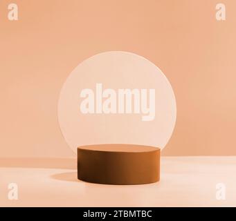 Red cylindrical podium, Cosmetic display stand on pink background Copy space Stock Photo