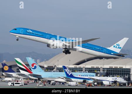 KLM Boeing 787-10 with registration PH-BKI shown taking off from LAX, Los Angeles International Airport. Stock Photo