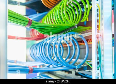 Network panel, switch and colorful cable in data center Stock Photo
