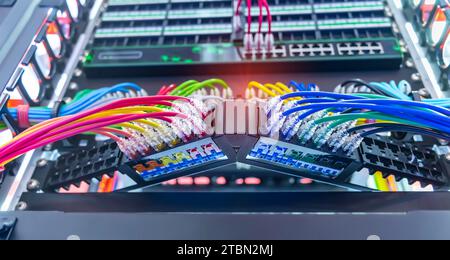 Network panel, switch and colorful cable in data center Stock Photo