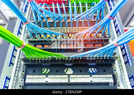Network panel, switch and colorful cable in data center Stock Photo