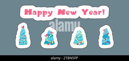 Happy New Year. Bright stickers with decorated Christmas trees. Vector illustration Stock Vector