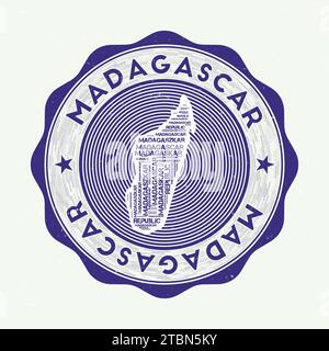 Madagascar seal. Country round logo with shape of Madagascar and country name in multiple languages wordcloud. Astonishing emblem. Charming vector ill Stock Vector