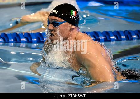 Simone Cerasuolo of Italy competes in the 100m Breaststroke Men Final during the European Short Course Swimming Championships at Complex Olimpic de Natație Otopeni in Otopeni (Romania), December 7th, 2023. Stock Photo