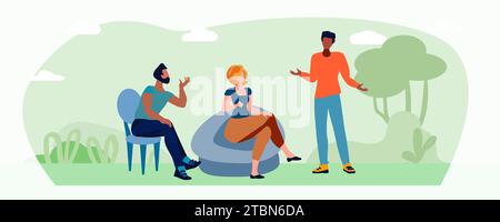 A woman and men are talking against a background of trees and bushes. Discussion.. Dialogues in the park. Environment conservation concept. Vector illustration Stock Vector