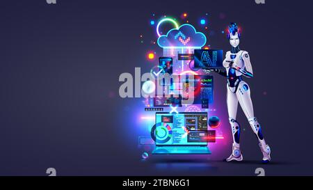 AI online bot software development. Robot woman with AI with laptop in hand. Artificial intelligence technology. Technology of Software development co Stock Vector