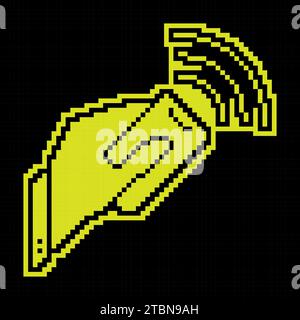 Pixel silhouette icon. Hand holds TV control panel and presses the button with thumb. Remote control of digital devices. Simple black and yellow vecto Stock Vector