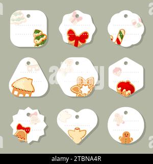 Christmas label gift mini tags holiday flat set. Paper sticker decoration packing price gingerbread house gift tree strawberry ball candy bell snowflake angel man note new year greeting discount sale Stock Vector