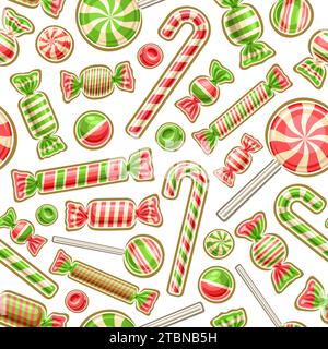 Vector Christmas Candy seamless pattern, decorative repeat background with illustration of christmas candy canes and bubble gums in foil package, squa Stock Vector