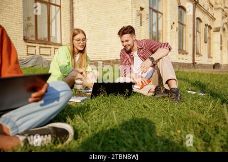 College students studying outdoors, having discussion and preparing for exams Stock Photo