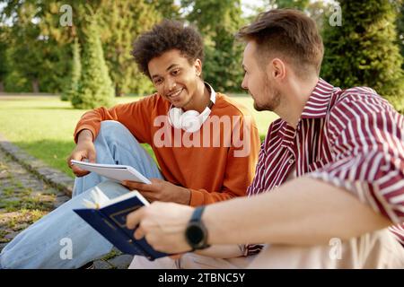 Two young fellow students talking together discussing ideas Stock Photo