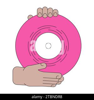 Record vinyl holding linear cartoon character hands illustration Stock Vector