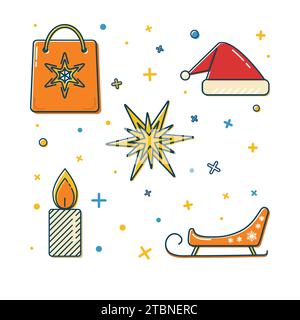 Collection of colored Christmas and New Year icons in thin line style. Gift bag, Santa hat, star, burning candle and sleigh with snowflakes. Stock Vector