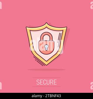 Vector cartoon lock with shield security icon in comic style. Protection illustration pictogram. Shield business splash effect concept. Stock Vector
