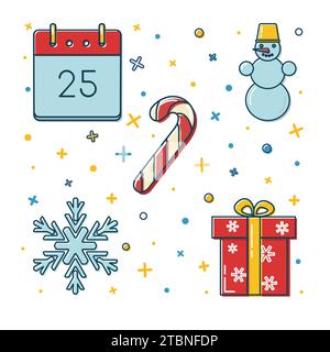 Collection of colored Christmas and New Year icons in thin line style. Calendar page with holiday date, snowman, candy cane, snowflake and gift box wi Stock Vector