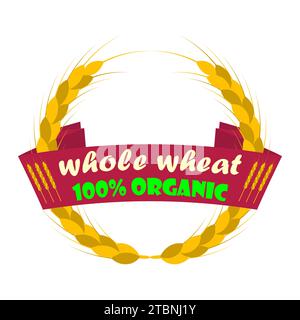 Wheat ears logo. Ribbon with the inscription whole wheat. Round shapes, golden and yellow colors. Emblem, icon. Isolated vector illustration. Stock Vector