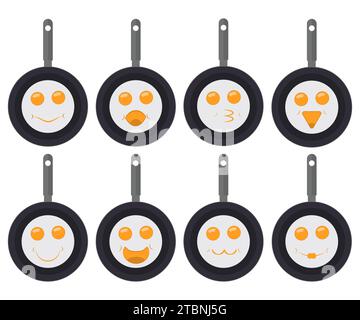 Fried eggs emoticons, smiley and emoji. A set of fried eggs in pans with eyes and a smiles. Vector illustration. Stock Vector