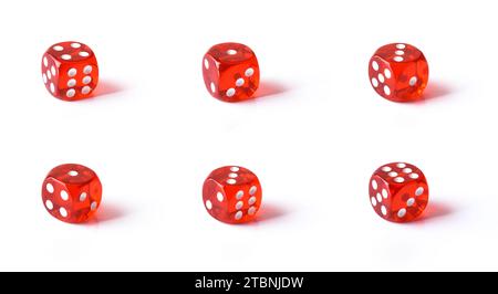 Set of Set of red dice isolated on white background showing three of their faces in various positions. Elevated view. Stock Photo