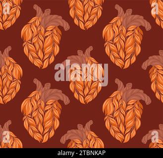 Vector seamless pattern with unhealthy human hearts made of leaves in row on dark background. Internal old organ transplantation. Medicine texture Stock Vector