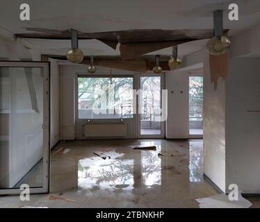 Water damage in interior room of abandoned building. Stock Photo