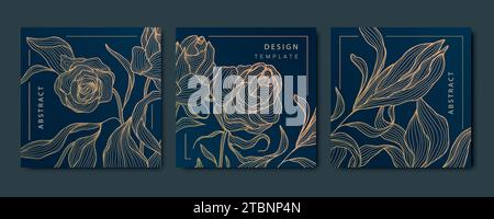 Vector set of art deco abstract luxury golden square cards, post templates for social net, leaves and roses botanical modern, art deco wallpaper Stock Vector