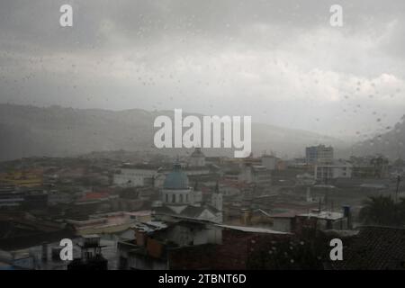 City view through a rainy window in rainstorm Stock Photo