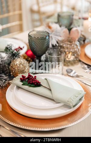 Festive Ornament Decorated Christmas Dinner Table Stock Photo