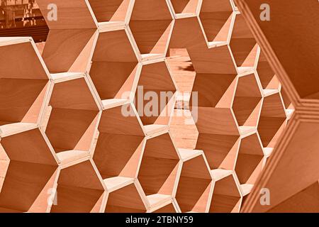 Peach fuzz is color of year 2024. Geometric honeycombs toned in fashion blended pink-orange trend-setting colour of year Peach Fuzz Stock Photo