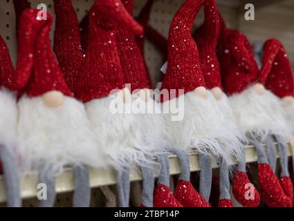 Elf Gnomes Christmas Decor Red Santa Hat Shelf Stock Photo