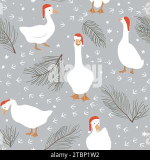 Seamless pattern of geese and geese paws imprints. Winter background with snow and pine branches. Vector illustration in cartoon style Stock Vector