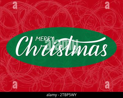 Merry Christmas greeting card with handwritten lettering. Modern brush ink calligraphy. Red and green design with frosted glass pattern. Stock Vector
