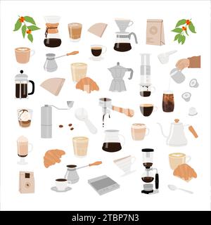 Different types of coffee trendy graphics. Manual alternative coffee brewing methods and tools hand drawn elements. Vector minimalist flat style set Stock Vector