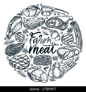 Farm fresh meat products package circle label or sticker. Vector hand drawn sketch illustration of beef, pork, lamb and calligraphy lettering. Food ba Stock Vector