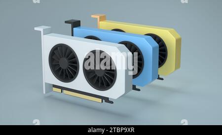 Three Simple Dual Fan Graphics Card GPU. Computer Component Icon. Cartoon Minimalism Style. 3D Render Illustration. Stock Photo