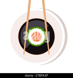 Soy sauce in a bowl, chopsticks with sushi piece roll under the bowl. Japanese cuisine, traditional food. Vector illustration Stock Vector