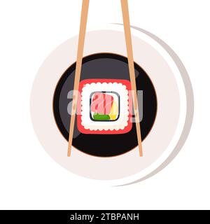 Soy sauce in a bowl, chopsticks with sushi piece roll under the bowl. Japanese cuisine, traditional food. Vector illustration Stock Vector