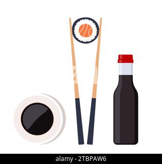 Soy sauce, chopsticks with sushi piece roll. Japanese cuisine, traditional food. Vector illustration Stock Vector